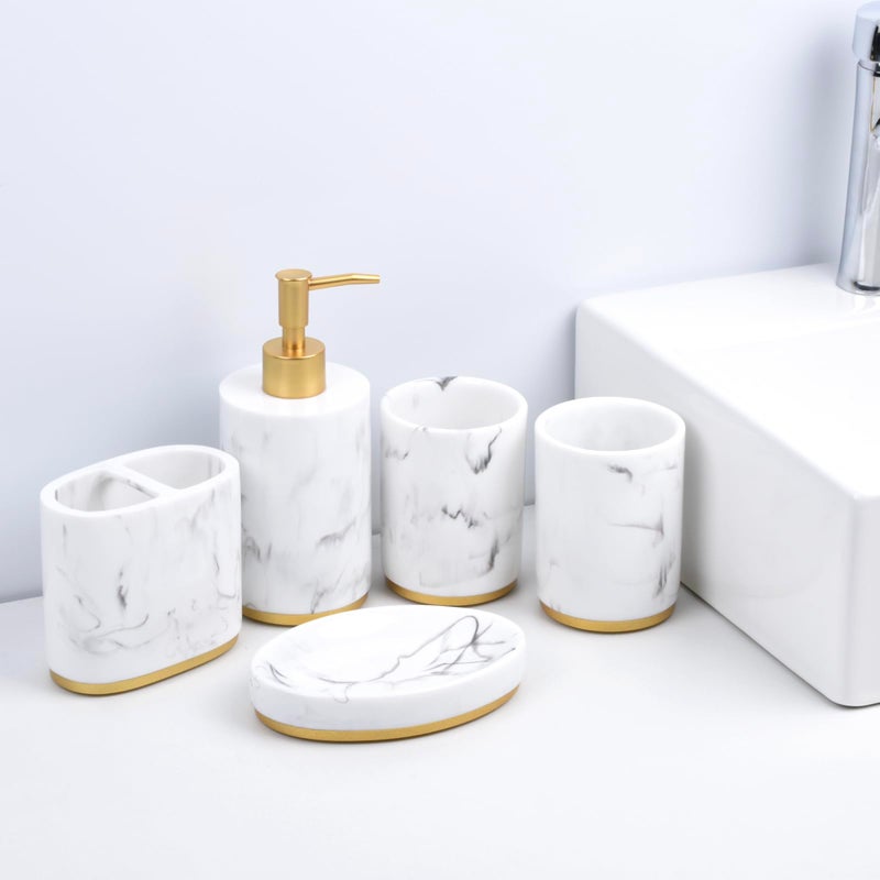 Jung Ford 5-Piece Bathroom Counter Top Accessory Set - Dispenser for Liquid Soap or Lotion, Soap Dish, 2 Tumblers and Toothbrush Holder, Marble Pattern Resin (White) - Image 2